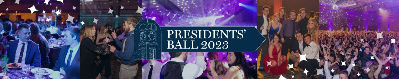 Presidents' Ball Header featuring Grand Valley State University students dancing, eating, and celebrating the night!